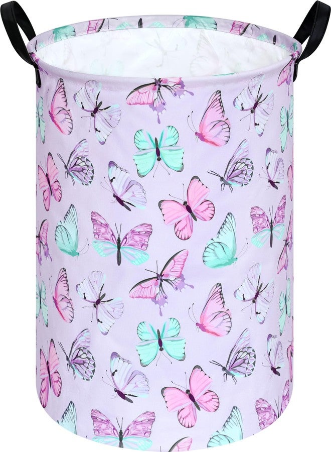 KUNRO Round Laundry Gift Basket Storage Hamper, Clothes Storage Organizer Bins, Shelf Basket with Handles for Room Decor (Purple Butterfly) - Image 1